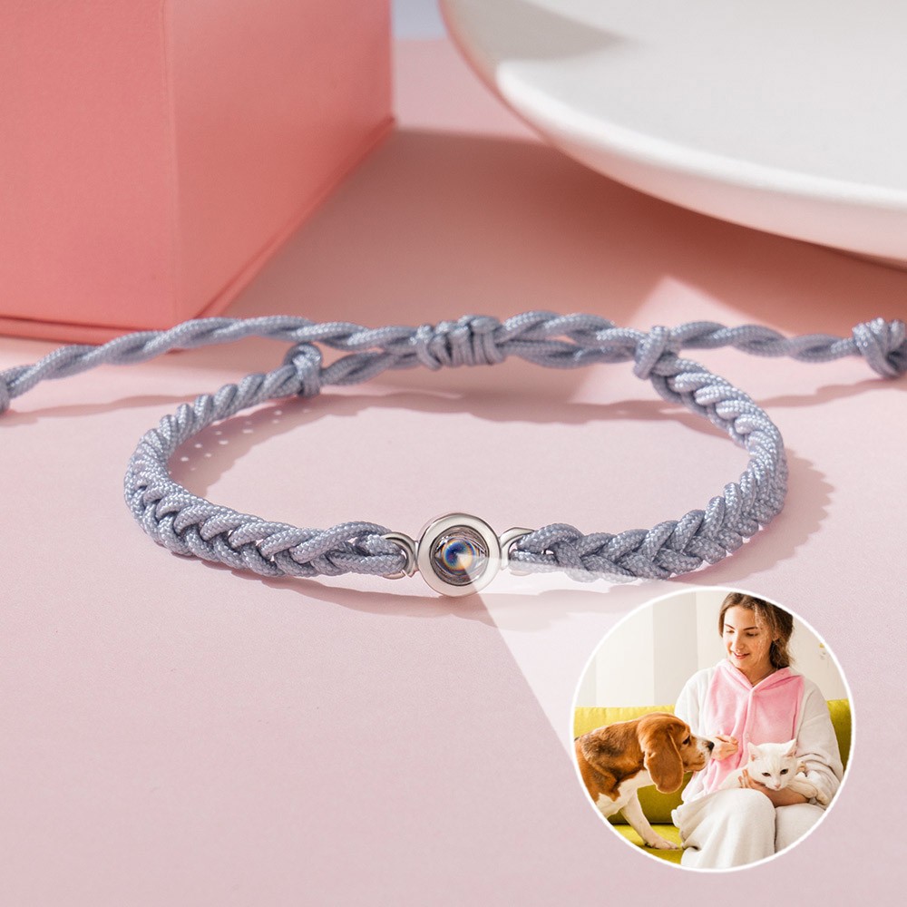 Personalised Braided Grey Rope Photo Projection Bracelet Gift Ideas for Pet Lover