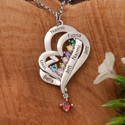 Personalised Concentric Double Heart Names Birthstones Necklace Family Gifts Mother's Day Gift For Mum Grandma