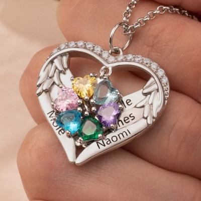 Personalised Heart Shape Names Birthstones Necklace Family Gifts Mother's Day Gift For Mum Grandma