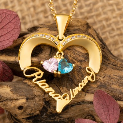 Personalised 2 Names and Birthstones Heart Necklace for Soulmate GIfts for Her Anniversary Gift Ideas for Wife Christmas Gifts