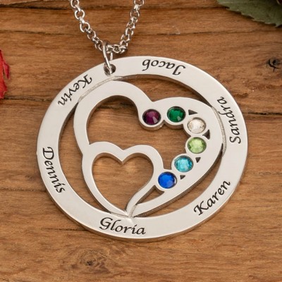 Personalised Double Heart Necklace with 1-7 Birthstones and Name
