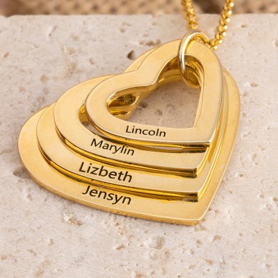 18K Gold Plated Personalised Heart Shaped Family Necklace With 1-4 Engraved Names