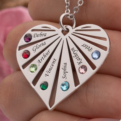 Silver Personalised Heart Names Necklaces With Birthstones Meaning Gift For Mum Grandma