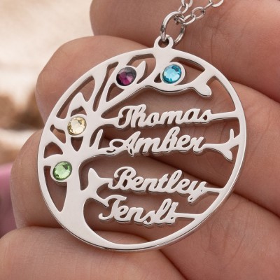 Personalised Family Tree NameS Necklace With 1-8 Birthstones Gift For Mum Grandma