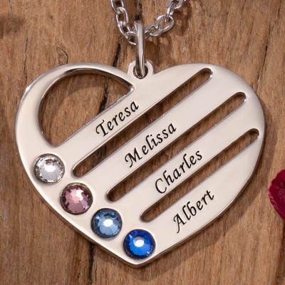 Personalised Heart Necklace with 1-4 Birthstones and Engravings