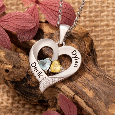 Custom Heart Shaped Name Necklace with 2 Birthstones Gifts for Soulmate Girlfriend Christmas Gift Ideas Anniversary Gifts