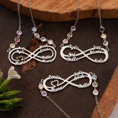 Personalised Infinity Name Birthstones Necklace Family Gift For New Mum Grandma Mother's Day Gift Ideas
