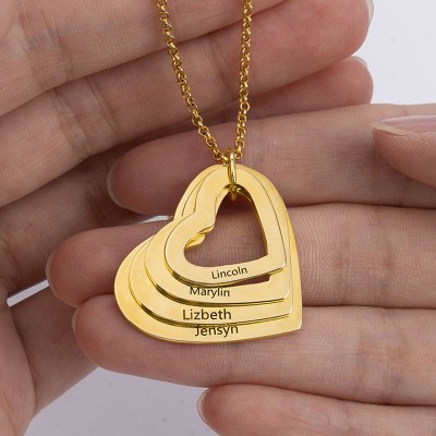 18K Gold Plated Personalised Heart Shaped Family Necklace With 1-4 Engraved Names