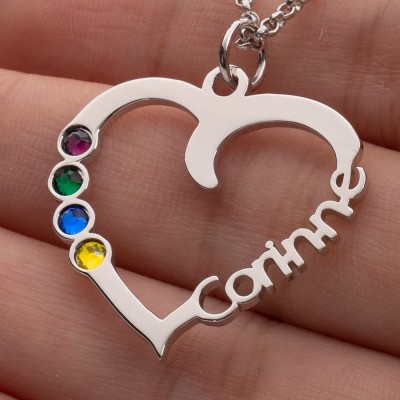 Personalised 1-5 Birthstones Heart Necklace With Name