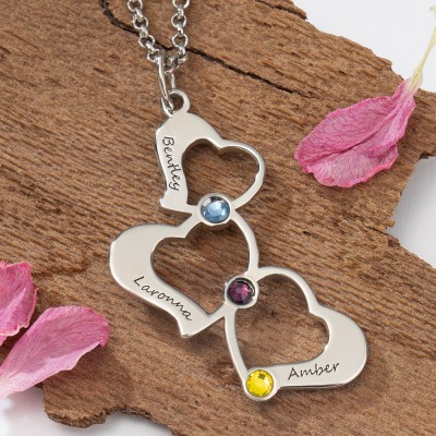 Personalised Heart Charm Engraved Name Necklace with Birthstone Designs Gift for Her Birthday Gift for Mum Anniversary Gift for Wife