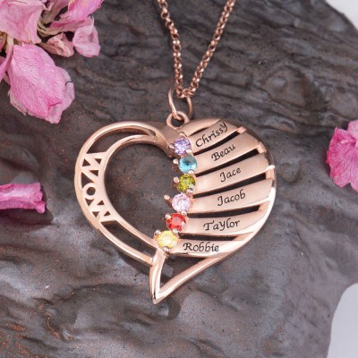Personalised Heart Name Necklace with 1-6 Birthstones Designs