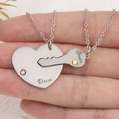 Personalised Engraved Necklace Key To My Heart Name Pendant Set For Couple